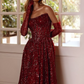Burgund glänzend sexy Pailletten elegant herzförmiger Ausschnitt Langer Schlitz Ballkleid Abendkleid mit Handschuhen gh3134