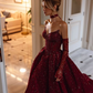 Burgund glänzend sexy Pailletten elegant herzförmiger Ausschnitt Langer Schlitz Ballkleid Abendkleid mit Handschuhen gh3134