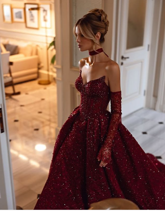 Burgund glänzend sexy Pailletten elegant herzförmiger Ausschnitt Langer Schlitz Ballkleid Abendkleid mit Handschuhen gh3134
