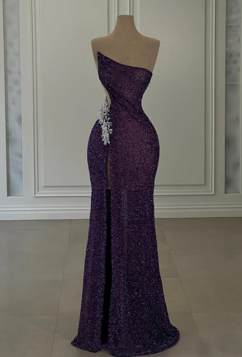 Lila Herrlich Glänzend Elegant Spaghetti Strap Perlen Sexy Schlitz Lange Meerjungfrau Schlank Pailletten Ballkleid Abendkleid gh3360