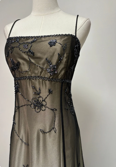 Superbe robe de soirée longue en satin et tulle perlé style vintage ombré gh3429