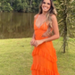 Orange Elegantes Sexy V-Ausschnitt Spaghettiträger Lange Chiffon Rüschen Ballkleid Abendkleid Partykleid gh3321