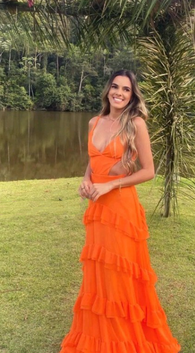 Orange Elegantes Sexy V-Ausschnitt Spaghettiträger Lange Chiffon Rüschen Ballkleid Abendkleid Partykleid gh3321