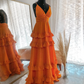 Orange Elegantes Sexy V-Ausschnitt Spaghettiträger Lange Chiffon Rüschen Ballkleid Abendkleid Partykleid gh3321