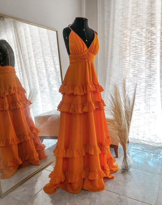 Orange Elegantes Sexy V-Ausschnitt Spaghettiträger Lange Chiffon Rüschen Ballkleid Abendkleid Partykleid gh3321