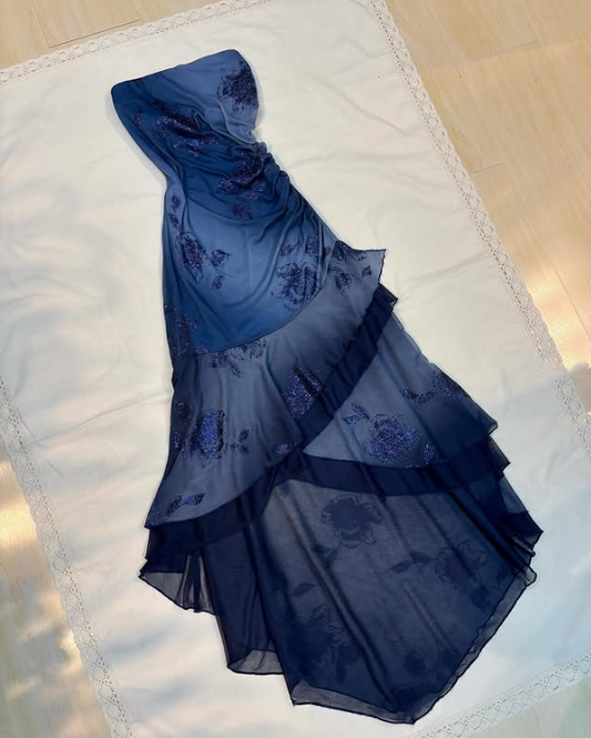 (out of stock)Blue shiny fashion exquisite off-shoulder long sequined chiffon ruffled ball gown evening dress party dress gh3390