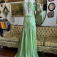 Green V-neck exquisite embroidery long satin ball gown evening dress gh2939