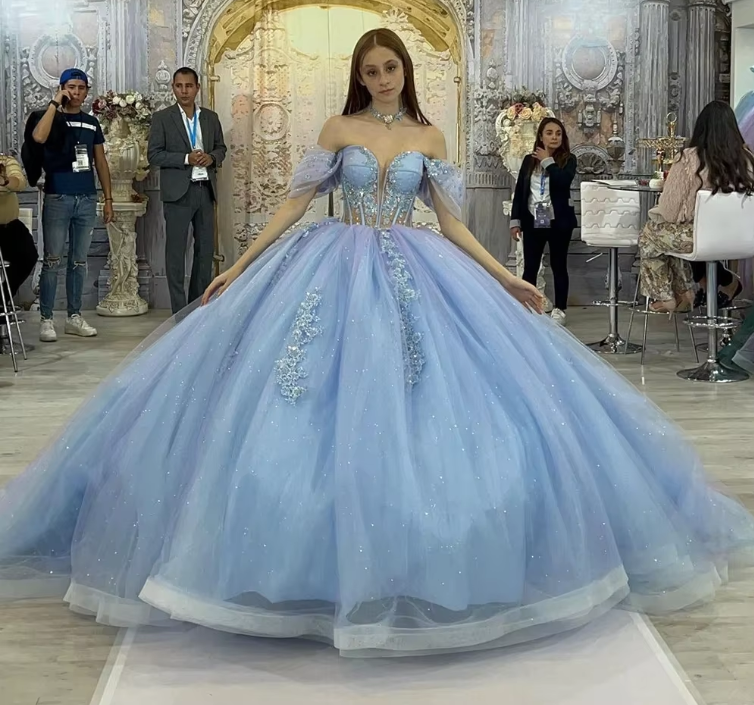 Blau glänzend elegant süß süß exquisite Perlen lange Tüll Prinzessin Ballkleid, Abendkleid, Zeremoniekleid für Erwachsene gh3535