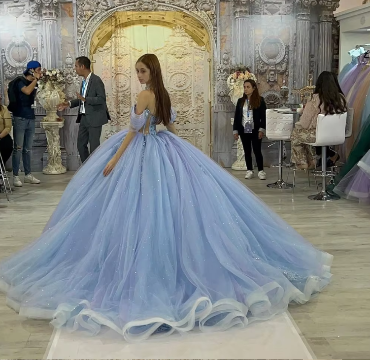 Blau glänzend elegant süß süß exquisite Perlen lange Tüll Prinzessin Ballkleid, Abendkleid, Zeremoniekleid für Erwachsene gh3535