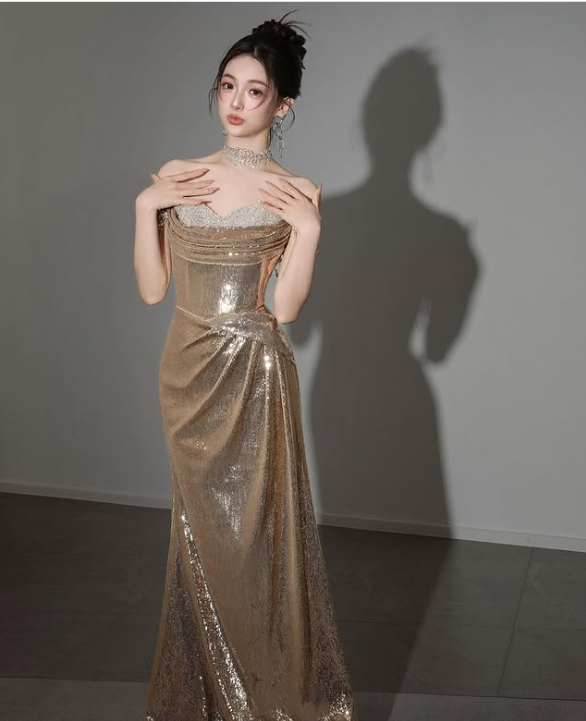 Robe de soirée élégante et exquise en paillettes et perles, style sirène, magnifique, dorée, à la mode, gh3422