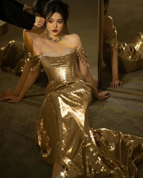 Robe de soirée élégante et exquise en paillettes et perles, style sirène, magnifique, dorée, à la mode, gh3422