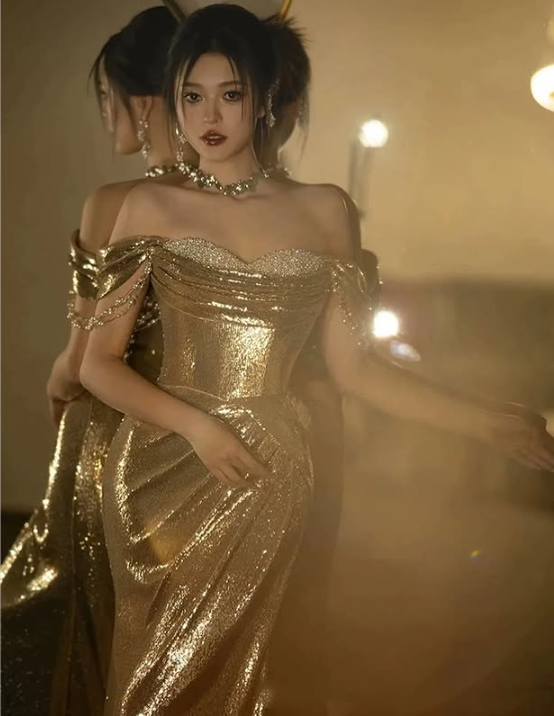Robe de soirée élégante et exquise en paillettes et perles, style sirène, magnifique, dorée, à la mode, gh3422