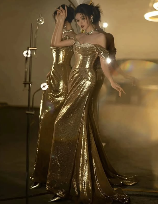 Robe de soirée élégante et exquise en paillettes et perles, style sirène, magnifique, dorée, à la mode, gh3422