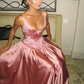 Pink Retro Elegant Square Round Neck A-line Spaghetti Strap Satin Long Evening Dress Birthday Party Dress Bridesmaid Dress gh3717
