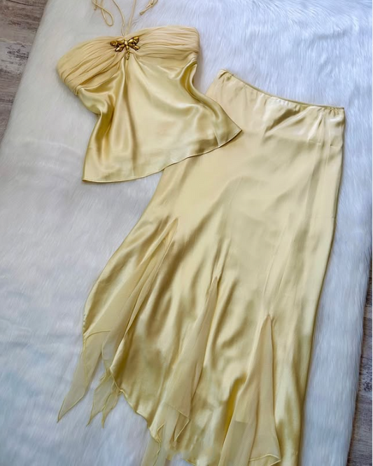Yellow Fashion Elegant Fairy Refreshing Exquisite Gemstone Suspender Long Two-piece Satin Prom Dress Evening Dress Seaside Vacation Birthday Party Dress Prom Dress gh3758