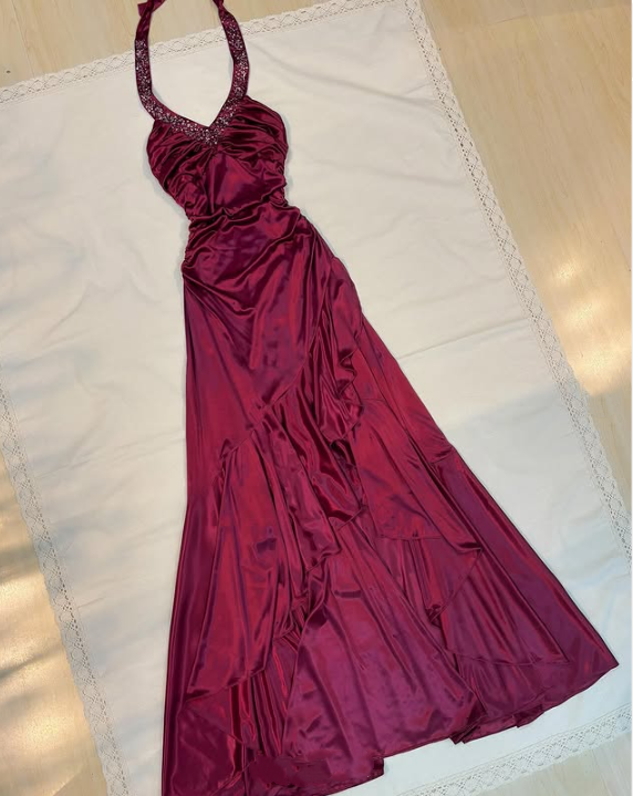 Robe de soirée longue en satin à volants, élégante et élégante, avec bretelles perlées, style féerique, violette, pour fête d'anniversaire, bal, gh3759