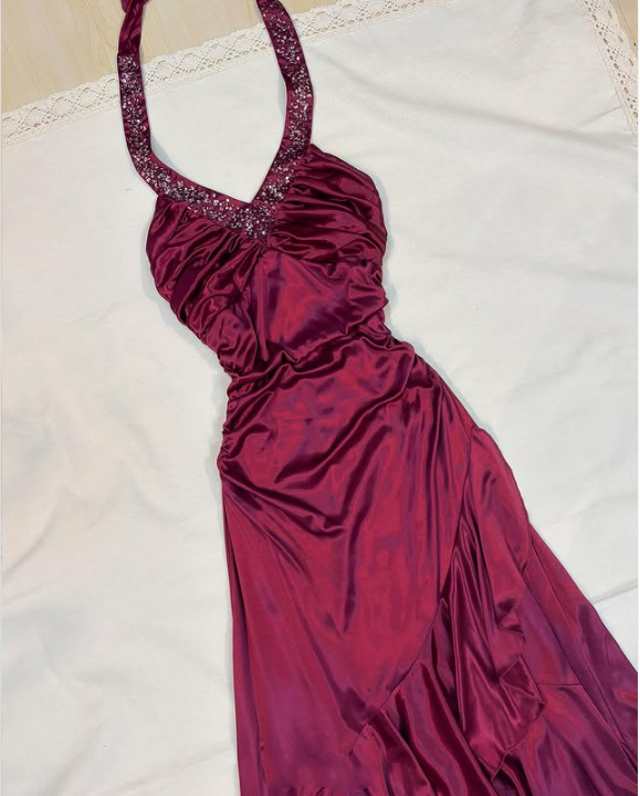 Robe de soirée longue en satin à volants, élégante et élégante, avec bretelles perlées, style féerique, violette, pour fête d'anniversaire, bal, gh3759