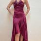 Robe de soirée longue en satin à volants, élégante et élégante, avec bretelles perlées, style féerique, violette, pour fête d'anniversaire, bal, gh3759