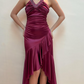 Robe de soirée longue en satin à volants, élégante et élégante, avec bretelles perlées, style féerique, violette, pour fête d'anniversaire, bal, gh3759