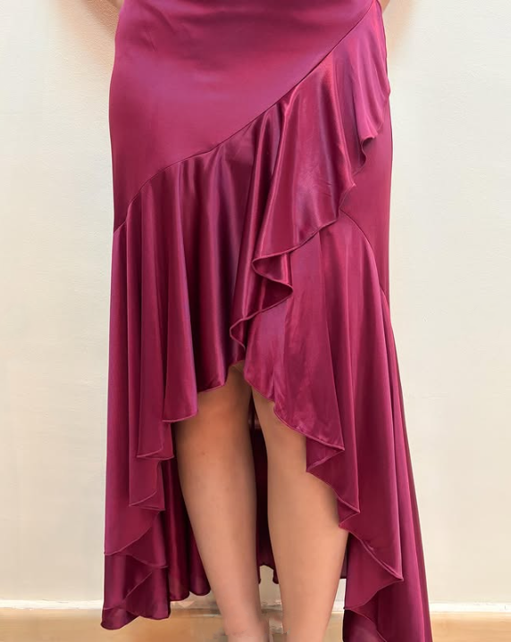 Robe de soirée longue en satin à volants, élégante et élégante, avec bretelles perlées, style féerique, violette, pour fête d'anniversaire, bal, gh3759