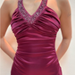Robe de soirée longue en satin à volants, élégante et élégante, avec bretelles perlées, style féerique, violette, pour fête d'anniversaire, bal, gh3759