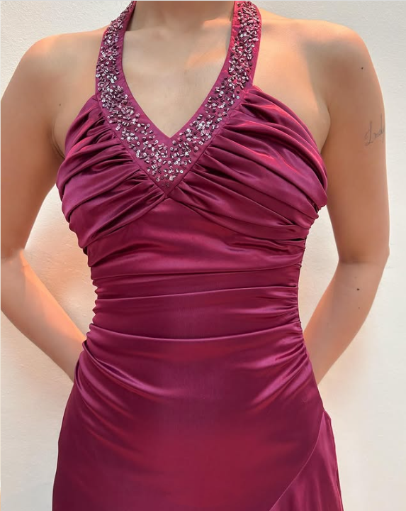 Robe de soirée longue en satin à volants, élégante et élégante, avec bretelles perlées, style féerique, violette, pour fête d'anniversaire, bal, gh3759