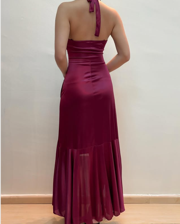Robe de soirée longue en satin à volants, élégante et élégante, avec bretelles perlées, style féerique, violette, pour fête d'anniversaire, bal, gh3759