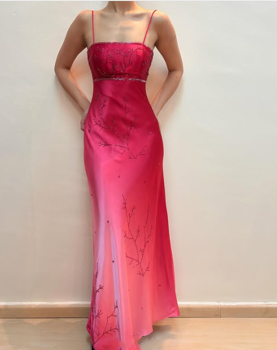 Robe de soirée longue en satin rose, élégante et tendance, avec perles exquises et bretelles spaghetti, robe de bal, robe de fête d'anniversaire, robe de bal, gh3760