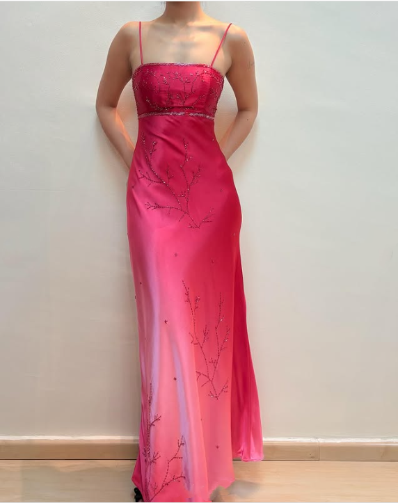 Robe de soirée longue en satin rose, élégante et tendance, avec perles exquises et bretelles spaghetti, robe de bal, robe de fête d'anniversaire, robe de bal, gh3760