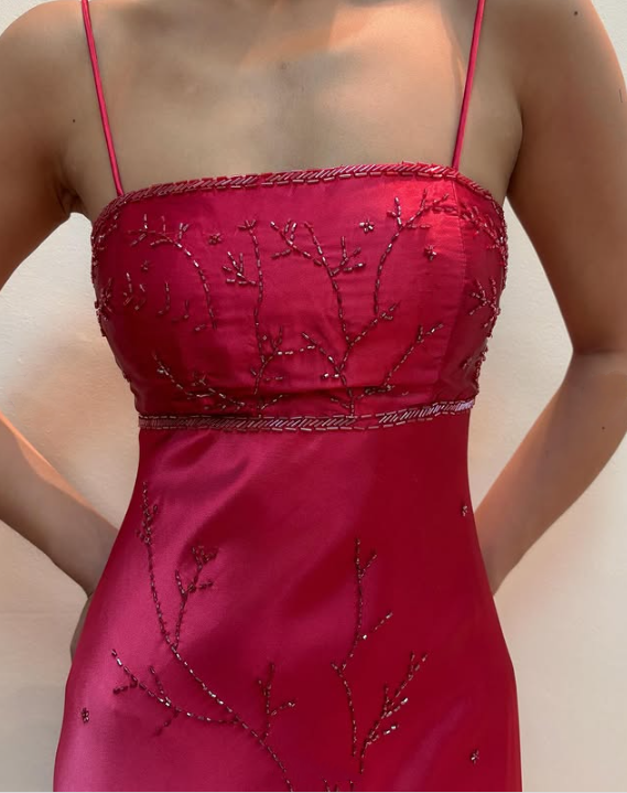 Robe de soirée longue en satin rose, élégante et tendance, avec perles exquises et bretelles spaghetti, robe de bal, robe de fête d'anniversaire, robe de bal, gh3760