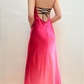 Robe de soirée longue en satin rose, élégante et tendance, avec perles exquises et bretelles spaghetti, robe de bal, robe de fête d'anniversaire, robe de bal, gh3760