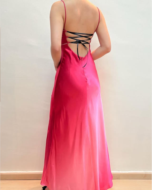Robe de soirée longue en satin rose, élégante et tendance, avec perles exquises et bretelles spaghetti, robe de bal, robe de fête d'anniversaire, robe de bal, gh3760