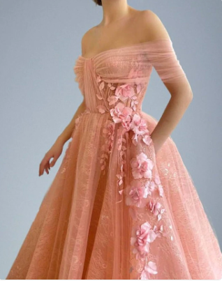 Weg von der Schulter-Schatz-3D-Blumen-Falten-Spitze-Taschen-Tüll-Abschlussball-Kleid-formalen Hochzeitsfest-Kleidern gh2189