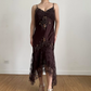 Brown Vintage Elegant Exquisite Floral Beading Spaghetti Strap Long Satin Lace Ball Gown Evening Dress Birthday Party Dress Prom Dress gh3831