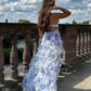 Blaues, bezauberndes Blumenmuster, A-Linie, Spaghettiträger, langes Ballkleid, Partykleid, Abendkleid gh3009