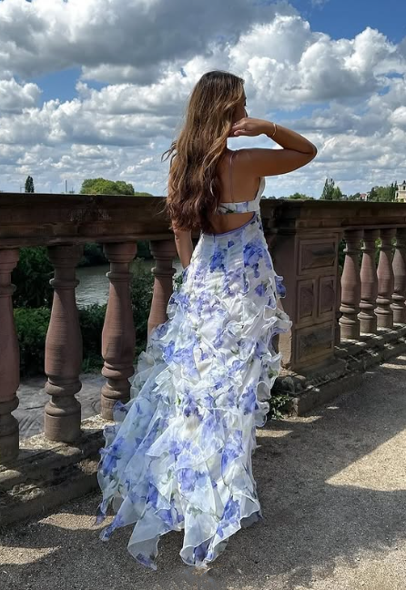 Blaues, bezauberndes Blumenmuster, A-Linie, Spaghettiträger, langes Ballkleid, Partykleid, Abendkleid gh3009