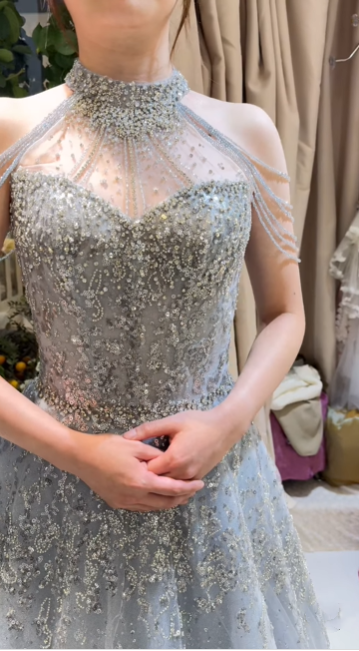 Robe de soirée longue en tulle bleu clair, élégante et magnifique, avec perles, robe de mariée brillante, gh4353
