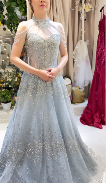 Robe de soirée longue en tulle bleu clair, élégante et magnifique, avec perles, robe de mariée brillante, gh4353