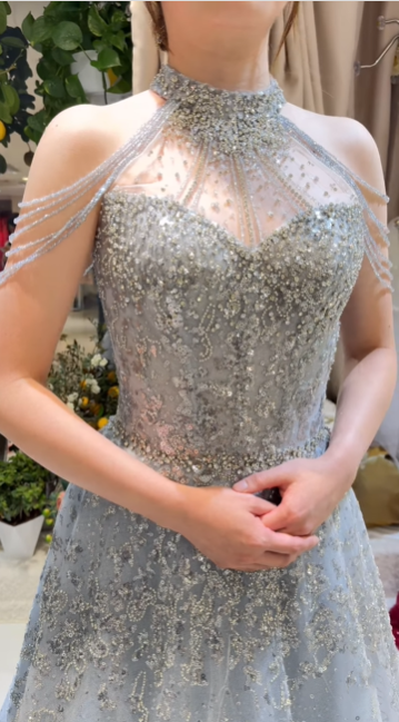 Robe de soirée longue en tulle bleu clair, élégante et magnifique, avec perles, robe de mariée brillante, gh4353