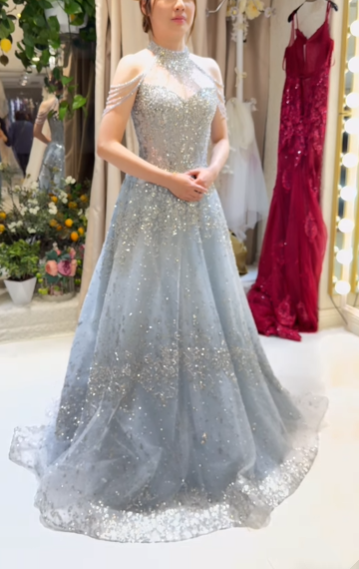 Robe de soirée longue en tulle bleu clair, élégante et magnifique, avec perles, robe de mariée brillante, gh4353