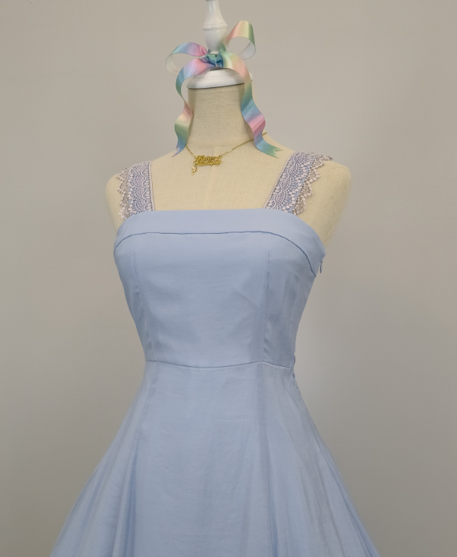 Blaues kurzes Chiffon-Heimkehrkleid mit Spitzenträgern, Ballkleid, Festtagskleid, gh4653