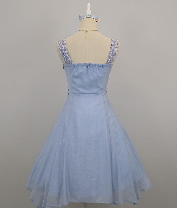 Blaues kurzes Chiffon-Heimkehrkleid mit Spitzenträgern, Ballkleid, Festtagskleid, gh4653