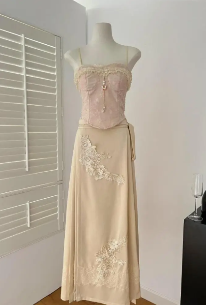 Rosa Vintage Blumenapplikation Langes Ballkleid Abendkleid Zweiteiler Set gh4656
