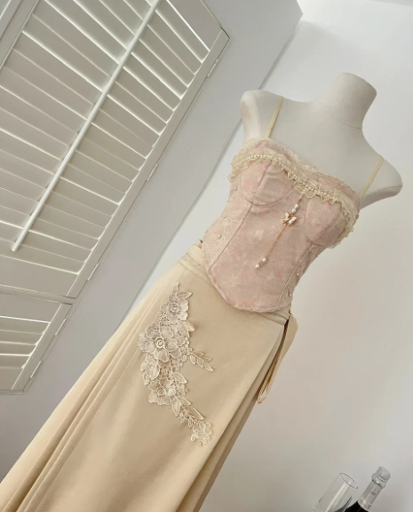 Rosa Vintage Blumenapplikation Langes Ballkleid Abendkleid Zweiteiler Set gh4656