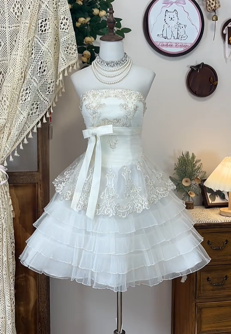 Robe de soirée courte en mousseline de soie à perles blanches, robe de bal, robe de fête d'anniversaire, robe de soirée gh4699