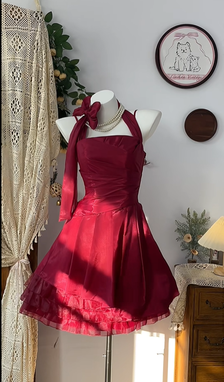 Robe de soirée courte en satin bordeaux et tulle, tenue de bal, de fête d'anniversaire, gh4695