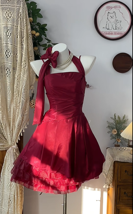 Robe de soirée courte en satin bordeaux et tulle, tenue de bal, de fête d'anniversaire, gh4695