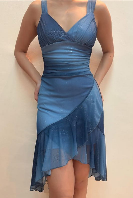 Robe de soirée courte en mousseline de soie bleue scintillante gh4743