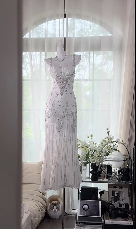 Weißes, glänzendes, perlenbesetztes, langes Chiffon-Ballkleid, Abendkleid, Partykleid gh4746