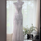 Weißes, glänzendes, perlenbesetztes, langes Chiffon-Ballkleid, Abendkleid, Partykleid gh4746